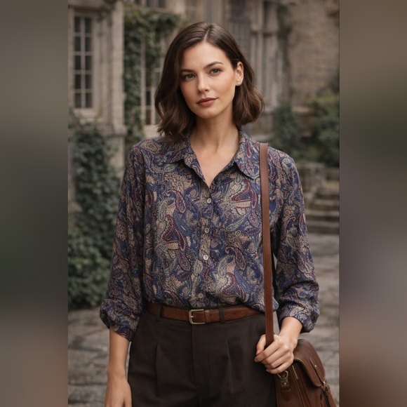 La Chemise Tops - Vintage Paisley Multicolor Blue Maroon Button-Up Long Sleeve Retro Boho Top
